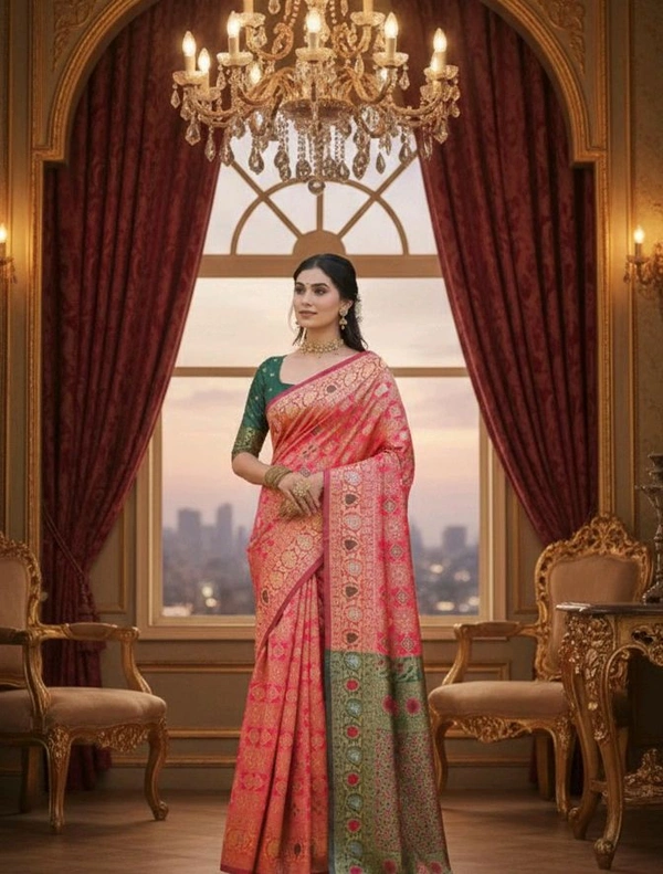 Elegant Floral Banarasi Silk Saree with Silver Zari Border - Mandy, Banaras Silk