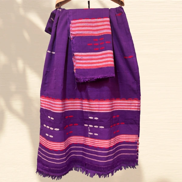 Elegant Purple Cotton Blend Mekhela Chador with Red, White & Pink Woven Patterns – Handcrafted Assamese Heritage - Purple