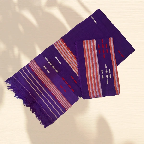 Elegant Purple Cotton Blend Mekhela Chador with Red, White & Pink Woven Patterns – Handcrafted Assamese Heritage - Purple