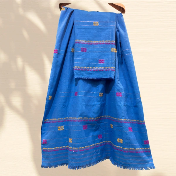 Blue Cotton Blend Mekhela Chador with Vibrant Embroidered Motifs – Handwoven Assamese Elegance - Blue