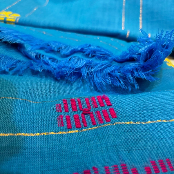 Blue Cotton Blend Mekhela Chador with Vibrant Embroidered Motifs – Handwoven Assamese Elegance - Blue
