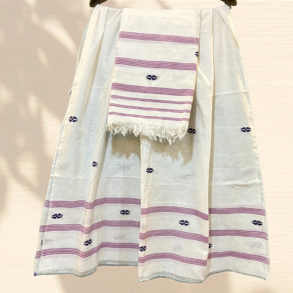 White Cotton Blend Mekhela Chador with Purple Stripes & Blue Motifs – Handwoven Assamese Elegance - White