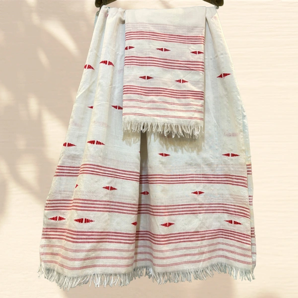 White Cotton Blend Mekhela Chador with Red Geometric Motifs – Handwoven Tradition - White