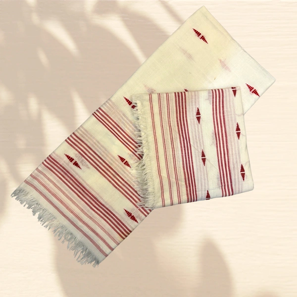 White Cotton Blend Mekhela Chador with Red Geometric Motifs – Handwoven Tradition - White