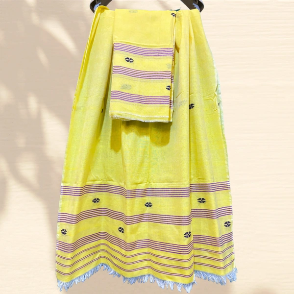 Elegant Cotton Blend Mekhela Chador in Yellow & Brown with Black Woven Motifs - Yellow