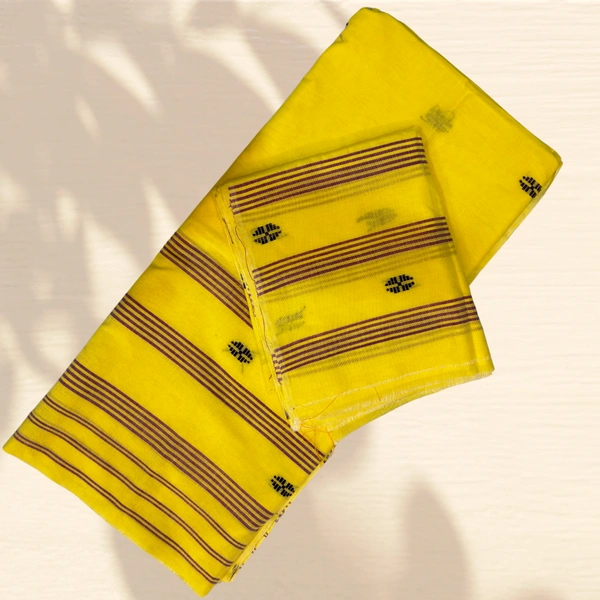 Elegant Cotton Blend Mekhela Chador in Yellow & Brown with Black Woven Motifs - Yellow