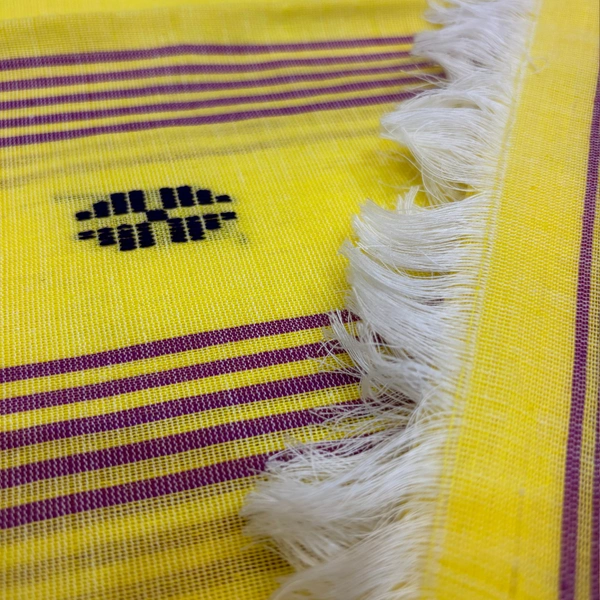 Elegant Cotton Blend Mekhela Chador in Yellow & Brown with Black Woven Motifs - Yellow