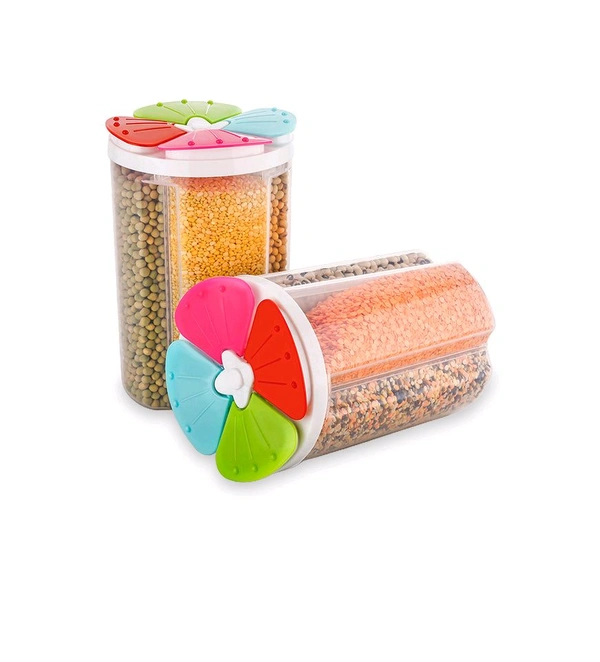 Dal Container 4 Sections Food Storage | Airtight BPA Free Plastic Cereal Dispenser Large Kitchen Storage Keeper with Lids | Compartments for Grain, Sugar, Rice, Snacks ( Pack Of 1)