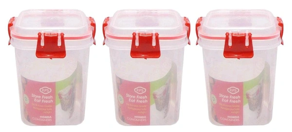 3 Pcs Set Unbreakable Jar Spoon Kitchen Plastic Container BPA-Free Stackable Air Tight Dabba Push Lock Space Saver Snacks Dal Atta Flour Cereals Pulses Spices 950ML Each (Red)