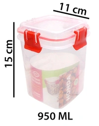 3 Pcs Set Unbreakable Jar Spoon Kitchen Plastic Container BPA-Free Stackable Air Tight Dabba Push Lock Space Saver Snacks Dal Atta Flour Cereals Pulses Spices 950ML Each (Red)