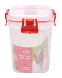 3 Pcs Set Unbreakable Jar Spoon Kitchen Plastic Container BPA-Free Stackable Air Tight Dabba Push Lock Space Saver Snacks Dal Atta Flour Cereals Pulses Spices 950ML Each (Red)
