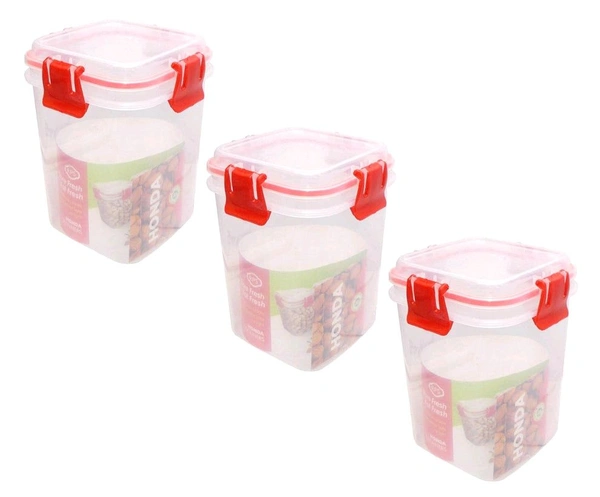 3 Pcs Set Unbreakable Jar Spoon Kitchen Plastic Container BPA-Free Stackable Air Tight Dabba Push Lock Space Saver Snacks Dal Atta Flour Cereals Pulses Spices 950ML Each (Red)
