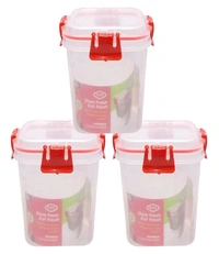 3 Pcs Set Unbreakable Jar Spoon Kitchen Plastic Container BPA-Free Stackable Air Tight Dabba Push Lock Space Saver Snacks Dal Atta Flour Cereals Pulses Spices 950ML Each (Red)