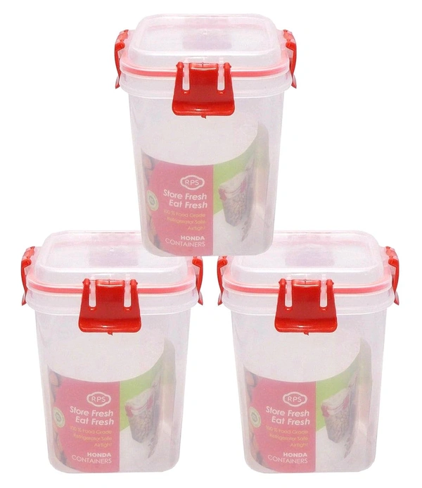 3 Pcs Set Unbreakable Jar Spoon Kitchen Plastic Container BPA-Free Stackable Air Tight Dabba Push Lock Space Saver Snacks Dal Atta Flour Cereals Pulses Spices 950ML Each (Red)