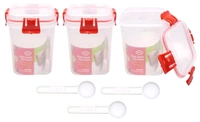 3 Pcs Set Unbreakable Jar Spoon Kitchen Plastic Container BPA-Free Stackable Air Tight Dabba Push Lock Space Saver Snacks Dal Atta Flour Cereals Pulses Spices 950ML Each (Red)
