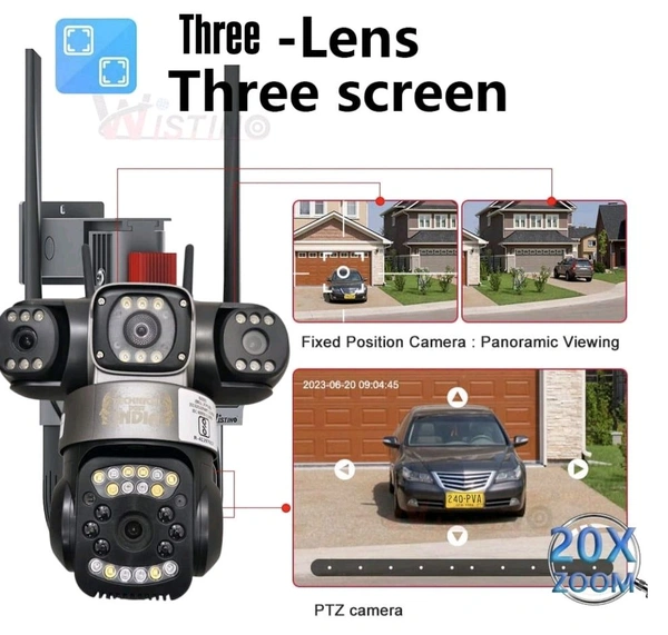 3 Screen PTZ Triple 4G/5G Sim Wireless Outdoor Dual Lens CCTV Camera with Three Side View | 360° | Dark Vision | Motion Detection| Siren Alarm| Outdoor
