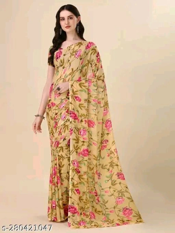 Georgette Floral Printed Beige Woman Saree Without Blouse