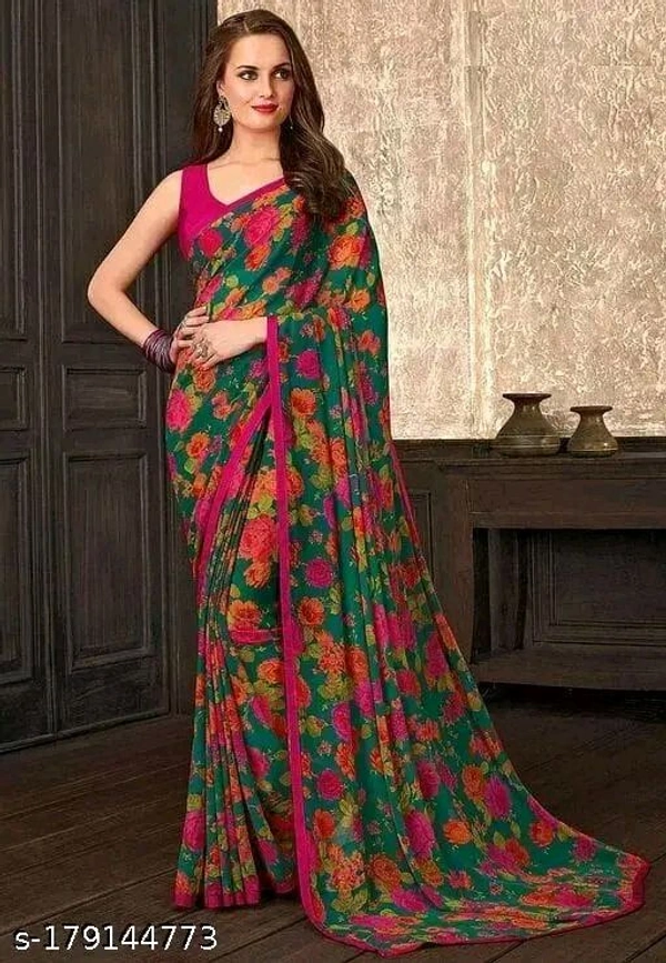 Georgette Green Saree With Blouse