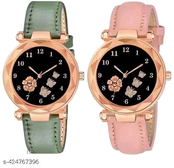 Analogue New Flower Print Dial Lathers Strap Girls and Womans Watches(pink&green)