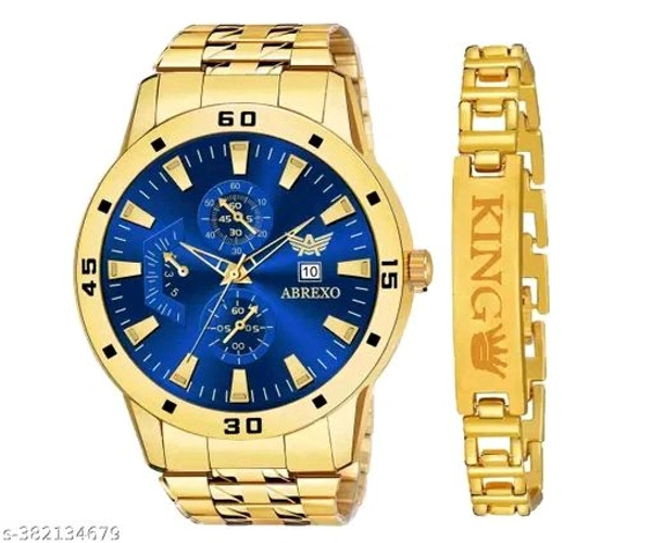 ABREXO, Abx8404-Gold Plated Date Feature Analog watch- Gold King Bracelet - Combo for Men (Pack of 2)