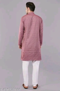 Ethnic Traditional Long Sleeves Solid Mandarin Neck Cotton Blend Men's Kurta Pajama/Pyjama Set - M