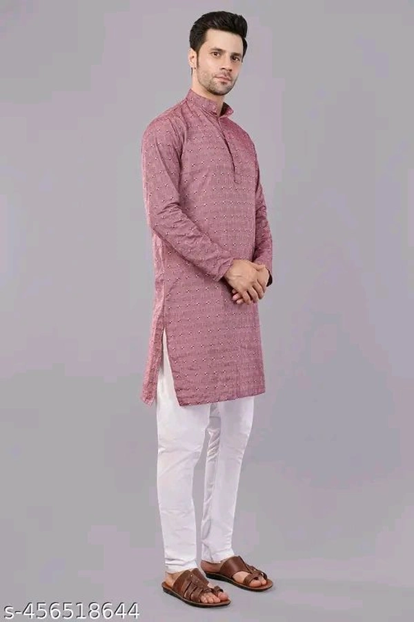 Ethnic Traditional Long Sleeves Solid Mandarin Neck Cotton Blend Men's Kurta Pajama/Pyjama Set - M
