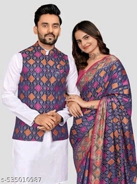 Coordinated Wedding Outfit: Men's Kurta Koti Payjama & Women's Matching Saree Set - M