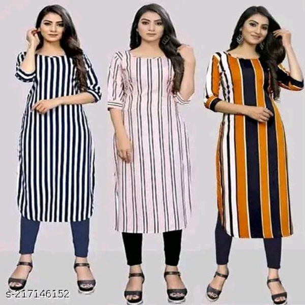 Women's Printed Full-Stitched Crepe Straight Kurti(Combo Offer Pack Of 3) - L