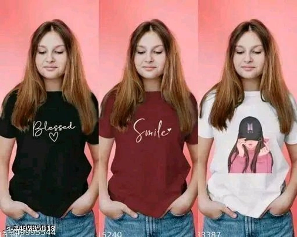 Printed Tshirt for Women/Girl in Cotton in Round Neck in Graphic Print in Pack of Three Regular Fit - S