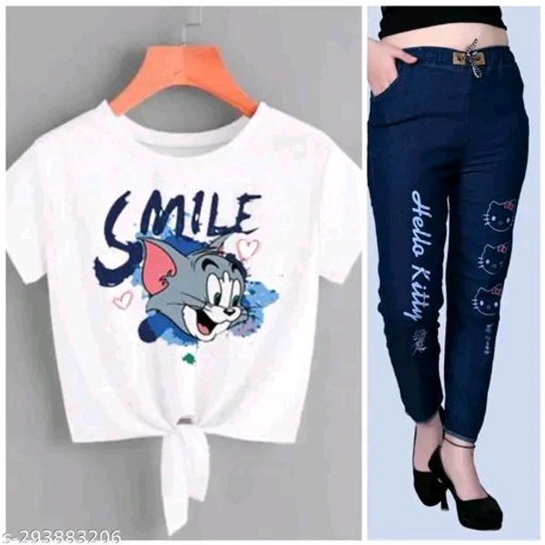 Womens Jogger Denim Jeans Elastic Waist Drawstring Stretch Side Pockets Jeans with Combo T-shirt - 28