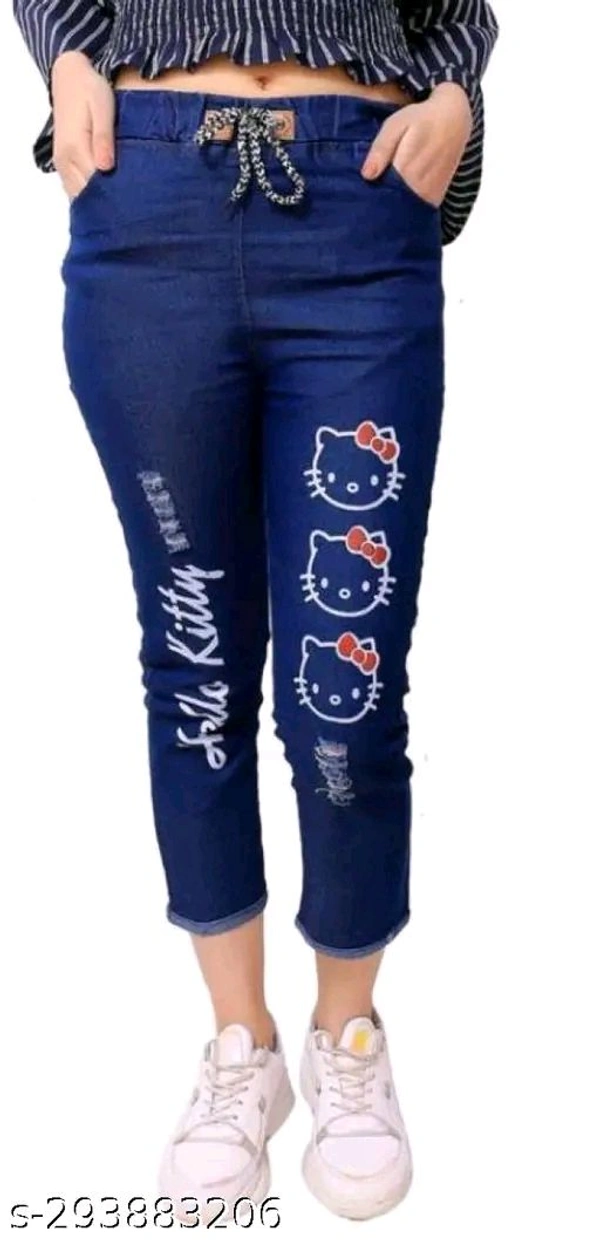 Womens Jogger Denim Jeans Elastic Waist Drawstring Stretch Side Pockets Jeans with Combo T-shirt - 30