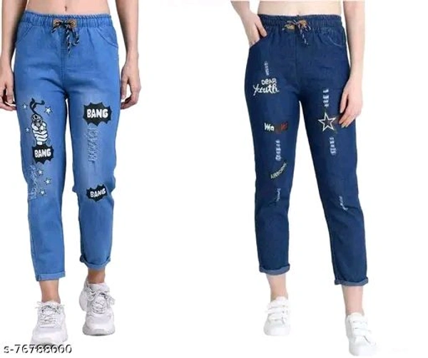 Women Denim Jeans Jogger Elastic Waist Drawstring Stretch Side Pockets Bang Light and Star Dark Casual Jeans Pack Of 2 - 28
