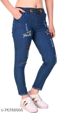 Women Denim Jeans Jogger Elastic Waist Drawstring Stretch Side Pockets Bang Light and Star Dark Casual Jeans Pack Of 2 - 28