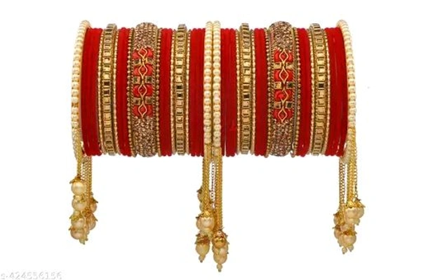 Elegant Non-Precious metal Alloy Red & Gold-plated white Colored Pearl studded kada with velvet bangles fancy glossy latkan bangle set for Women and Girls-(Pack of 42) - 2.6