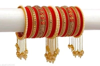 Elegant Non-Precious metal Alloy Red & Gold-plated white Colored Pearl studded kada with velvet bangles fancy glossy latkan bangle set for Women and Girls-(Pack of 42) - 2.6