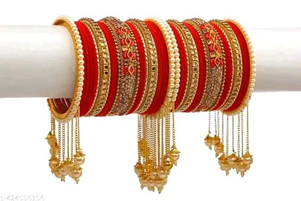 Elegant Non-Precious metal Alloy Red & Gold-plated white Colored Pearl studded kada with velvet bangles fancy glossy latkan bangle set for Women and Girls-(Pack of 42) - 2.6