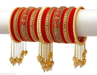 Elegant Non-Precious metal Alloy Red & Gold-plated white Colored Pearl studded kada with velvet bangles fancy glossy latkan bangle set for Women and Girls-(Pack of 42) - 2.6