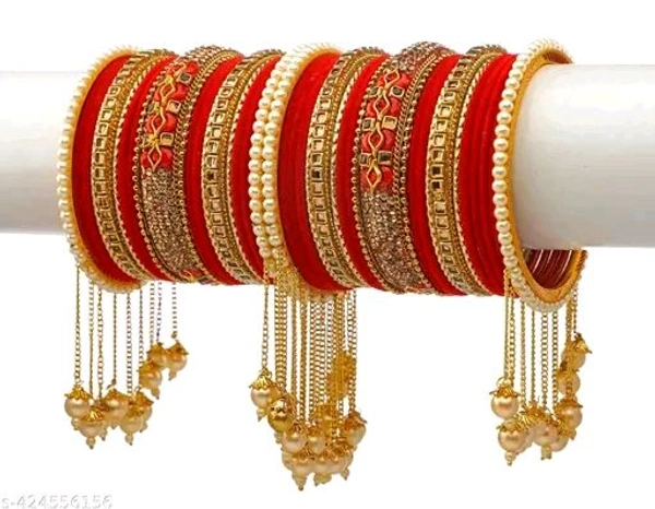 Elegant Non-Precious metal Alloy Red & Gold-plated white Colored Pearl studded kada with velvet bangles fancy glossy latkan bangle set for Women and Girls-(Pack of 42) - 2.6