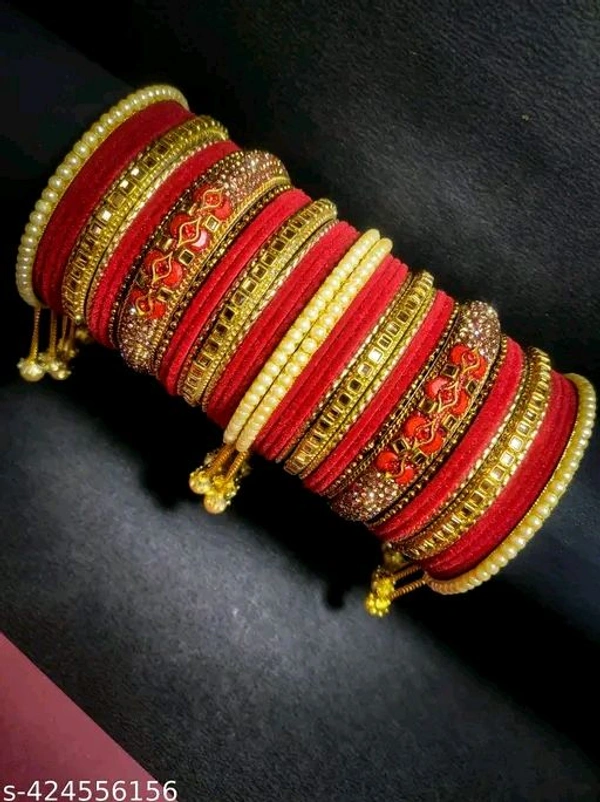 Elegant Non-Precious metal Alloy Red & Gold-plated white Colored Pearl studded kada with velvet bangles fancy glossy latkan bangle set for Women and Girls-(Pack of 42) - 2.6