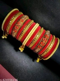 Elegant Non-Precious metal Alloy Red & Gold-plated white Colored Pearl studded kada with velvet bangles fancy glossy latkan bangle set for Women and Girls-(Pack of 42) - 2.8