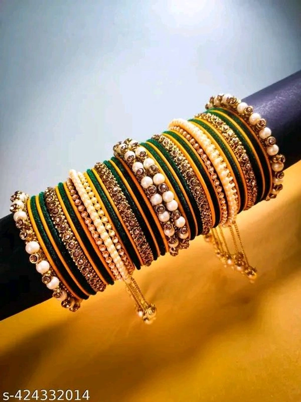 Elegant Non-Precious metal Alloy Haldi  & Kai Gold-plated white Colored Pearl studded kada with velvet bangles fancy glossy latkan bangle set for Women and Girls-(Pack of 42) - 2.2