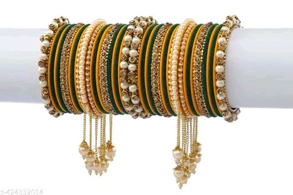 Elegant Non-Precious metal Alloy Haldi  & Kai Gold-plated white Colored Pearl studded kada with velvet bangles fancy glossy latkan bangle set for Women and Girls-(Pack of 42) - 2.8