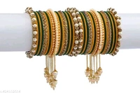 Elegant Non-Precious metal Alloy Haldi  & Kai Gold-plated white Colored Pearl studded kada with velvet bangles fancy glossy latkan bangle set for Women and Girls-(Pack of 42) - 2.8