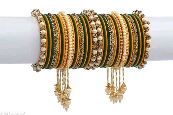 Elegant Non-Precious metal Alloy Haldi  & Kai Gold-plated white Colored Pearl studded kada with velvet bangles fancy glossy latkan bangle set for Women and Girls-(Pack of 42) - 2.8