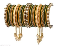 Elegant Non-Precious metal Alloy Haldi  & Kai Gold-plated white Colored Pearl studded kada with velvet bangles fancy glossy latkan bangle set for Women and Girls-(Pack of 42) - 2.8