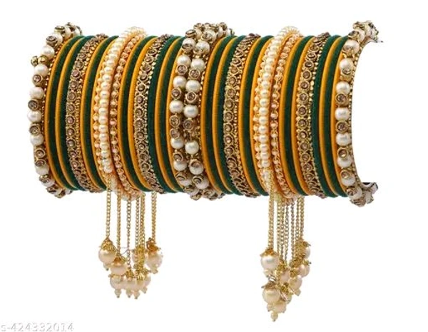 Elegant Non-Precious metal Alloy Haldi  & Kai Gold-plated white Colored Pearl studded kada with velvet bangles fancy glossy latkan bangle set for Women and Girls-(Pack of 42) - 2.8