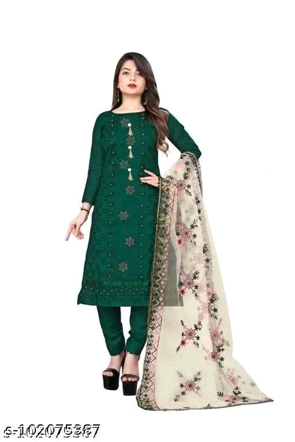 Women's Green Floral Embroidered Cotton Suits & Dress Materials
