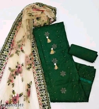 Women's Green Floral Embroidered Cotton Suits & Dress Materials