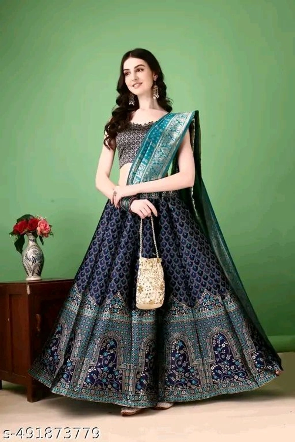 Navy Blue and Turquoise Banarasi Silk Work Lehnega Choli with Dupatta For Marriage,Holi,Navaratri,Engagement Parties or Bridal Showers,Anniversaries, Birthday,Reception,Sangeet or Mehendi