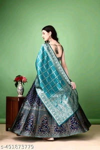 Navy Blue and Turquoise Banarasi Silk Work Lehnega Choli with Dupatta For Marriage,Holi,Navaratri,Engagement Parties or Bridal Showers,Anniversaries, Birthday,Reception,Sangeet or Mehendi